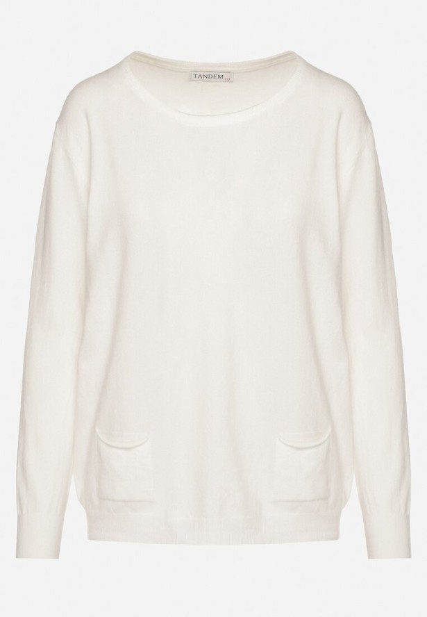 Biały Sweter z Kaszmirem i Ozdobnymi Kieszeniami Sanarea