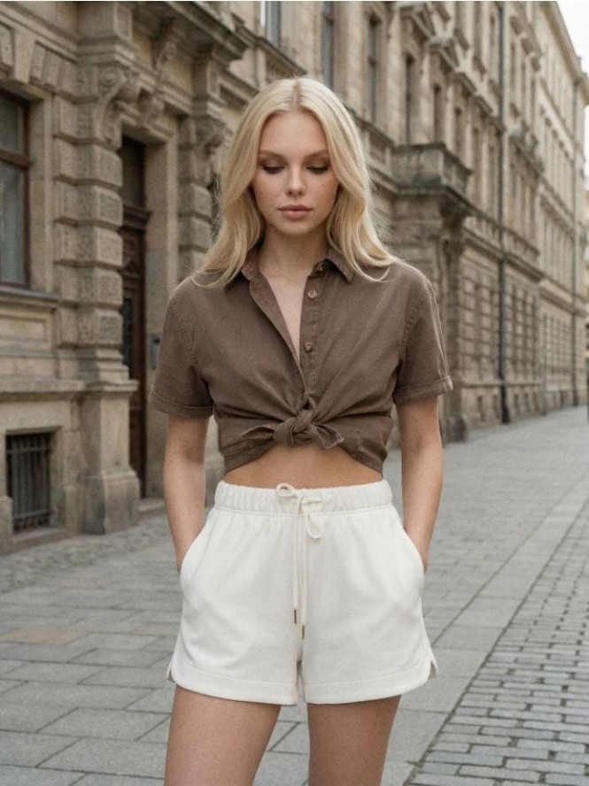 Szorty soft touch z domieszką wiskozy - kremowy