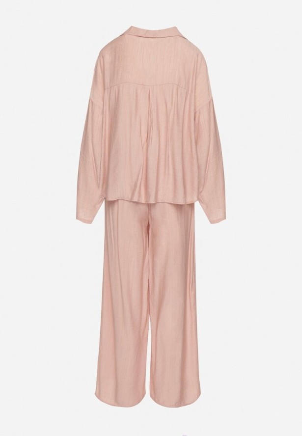 Różowy Wiskozowy Komplet Oversize Koszula i Spodnie z Gumką w Talii Natilira