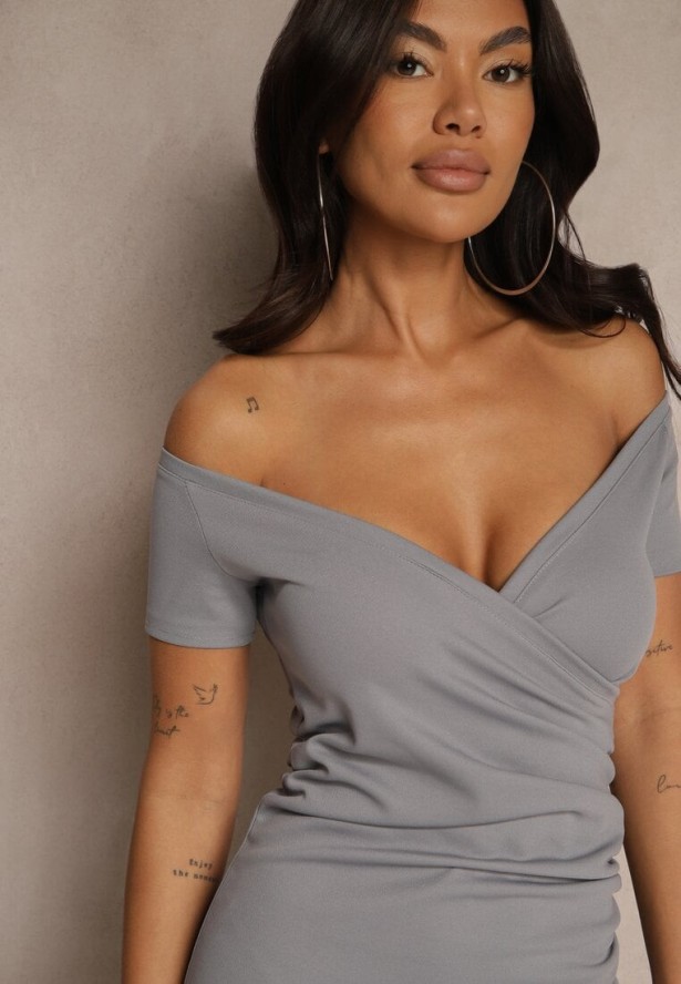 Szara Kopertowa Sukienka Typu Bodycon Sopaffe