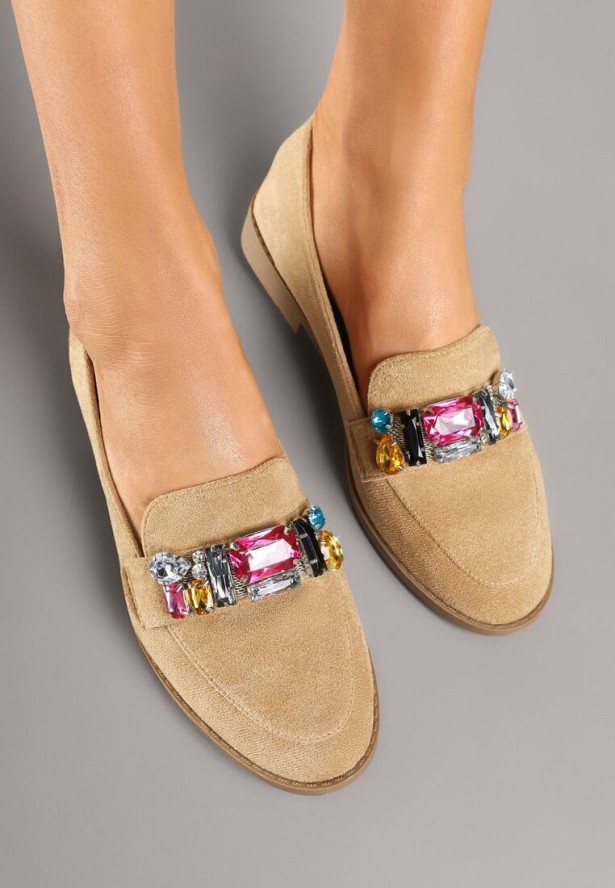 Ciemnobeżowe Mokasyny z Ozdobnymi Kryształkami Orilene