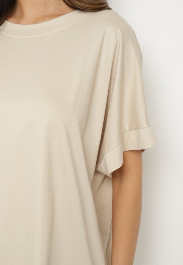 Beżowy T-shirt z Wiskozą o Kroju Nietoperza Tanariona