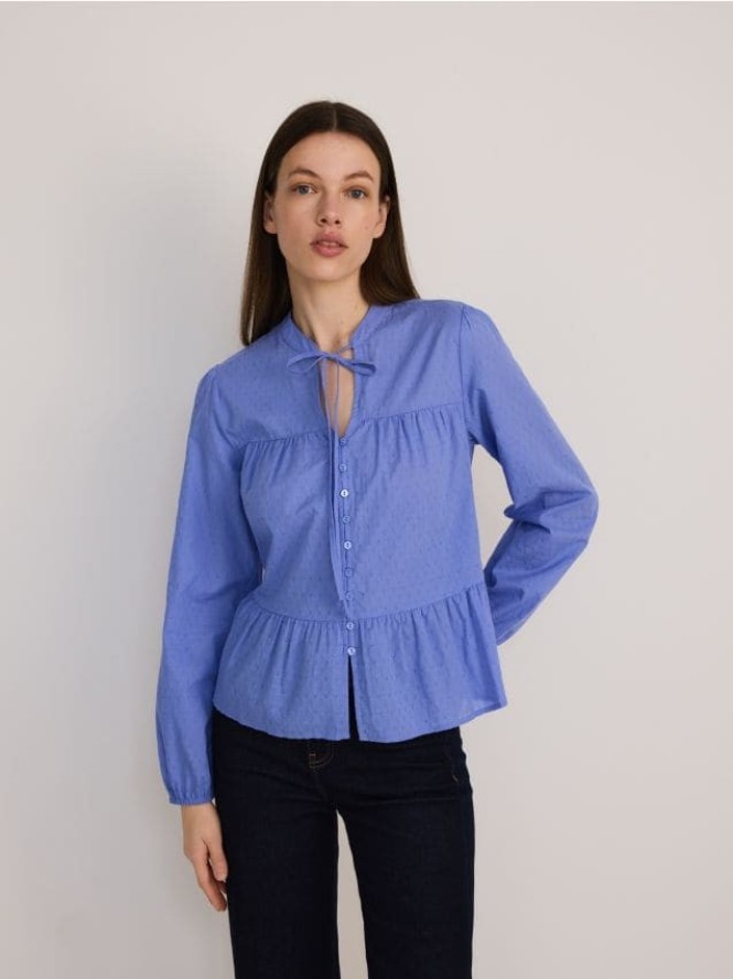 Bawełniana koszula z falbaną - niebieski