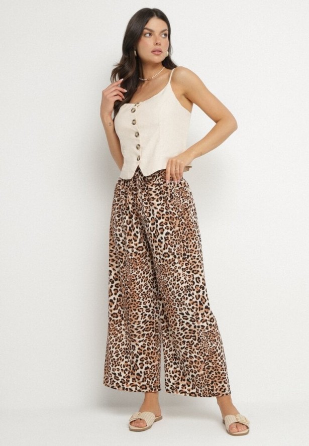 Beżowo-Brązowe Spodnie o Szerokim Kroju z Gumką w Talii w Panterkę Filassena