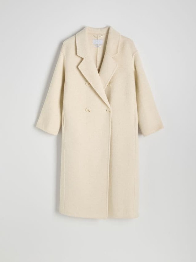 Dwurzędowy płaszcz z wełną - złamana biel