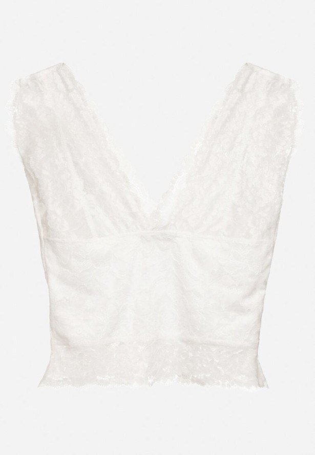 Biały Koronkowy Top z Dekoltem w Serek Nitasena