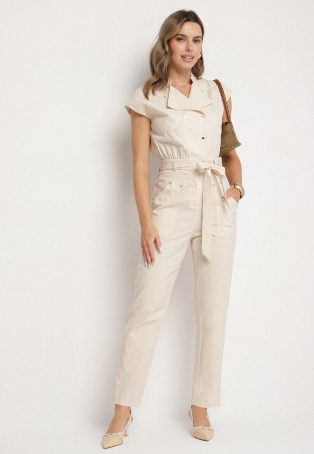 Beżowy Kombinezon z Wiskozą o Koszulowym Kroju z Wiązanym Paskiem i Napami Sepalisa