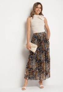 Czarna Plisowana Spódnica z Metalicznym Nadrukiem Firolene
