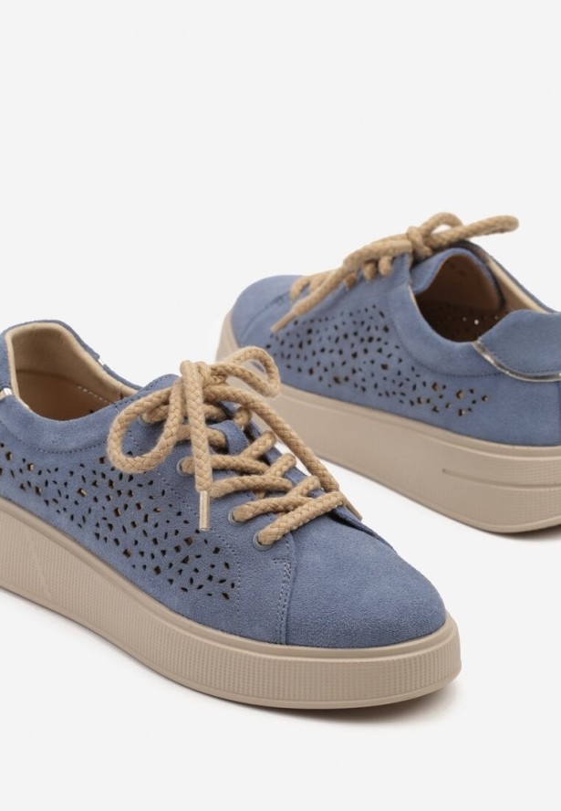 Niebieskie Ażurowe Sneakersy w Stylu Tenisówek ze Skóry Naturalnej Lirivra