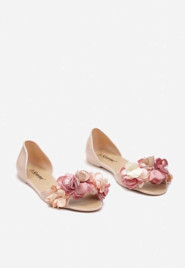 Beżowe Balerinki z Otwartym Noskiem Ozdobione Kwiatkami Entihe