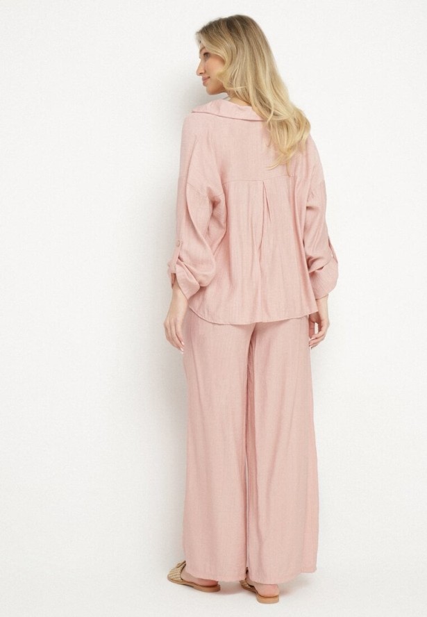 Różowy Wiskozowy Komplet Oversize Koszula i Spodnie z Gumką w Talii Natilira