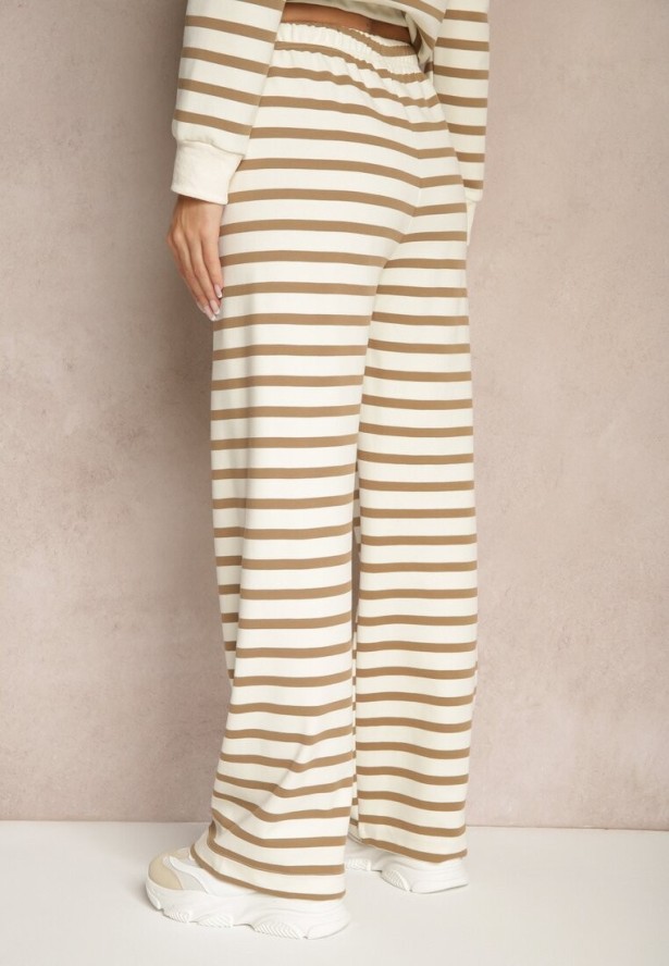 Beżowe Szerokie Spodnie Dresowe z Bawełną Ozdobione Paskami i Sznurkami Fenilira