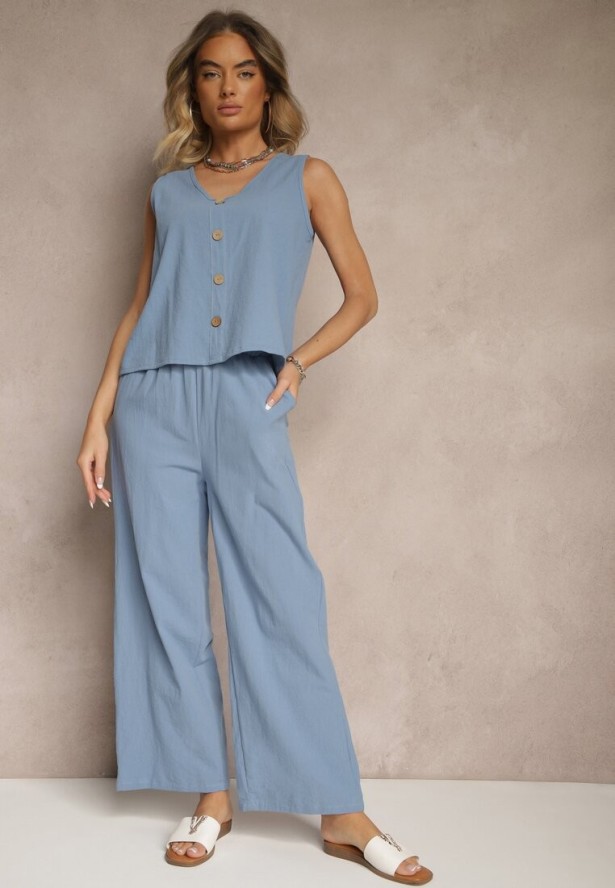 Niebieski Komplet z Bawełny Bluzka z Guzikami Szerokie Spodnie z Gumką w Talii Floricella