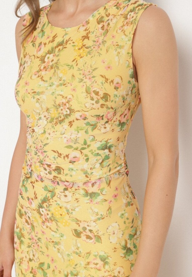 Żółta Koktajlowa Taliowana Sukienka w Kwiaty z Wiskozową Podszewką Lidra