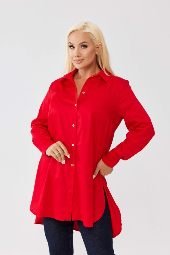Klasyczna czerwona koszula Elena zapinana na guziki, asymetryczny krój PLUS SIZE XXL OVERSIZE WIOSNA