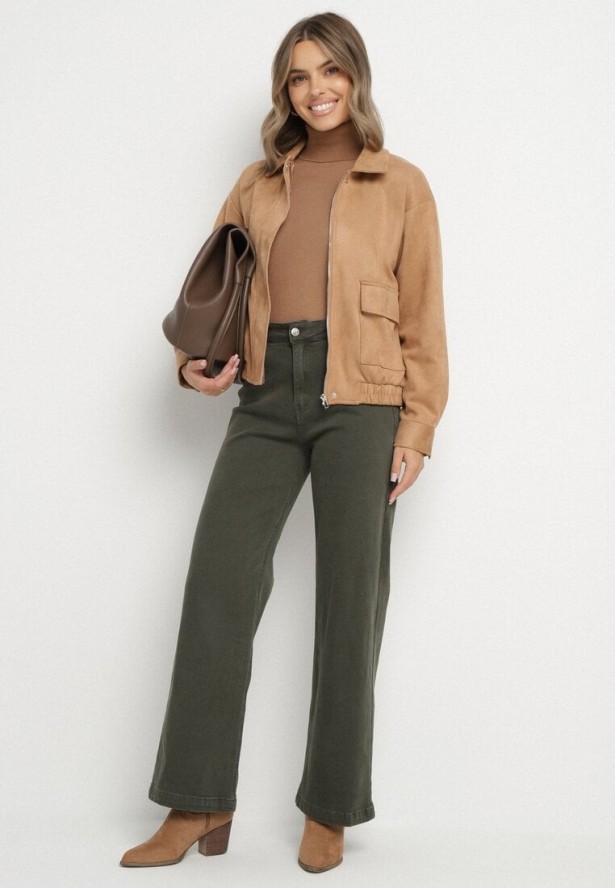 Ciemnozielone Bawełniane Jeansy o Szerokim Kroju Violine