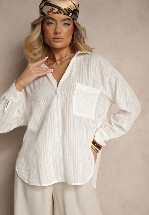 Biała Koszula w Paski z Bawełny z Jedną Kieszonką Liasene