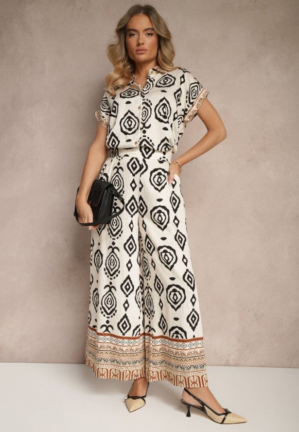 Beżowo-Czarna Koszula na Krótki Rękaw z Wiskozą Zdobiona Ornamentalnym Wzorem Animira