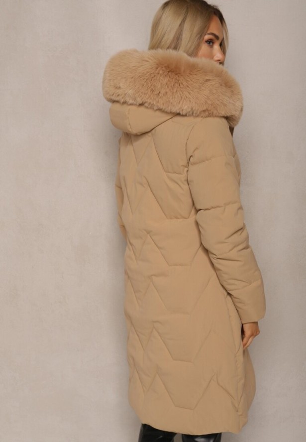 Beżowa Kurtka Długa z Ozdobnym Pikowaniem z Kapturem i Futerkiem Verticea