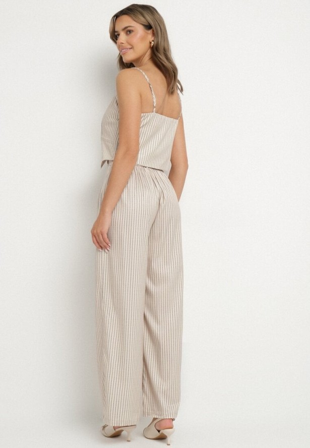 Beżowy Wiskozowy Komplet w Pionowe Paski Szerokie Spodnie i Top Firtebia