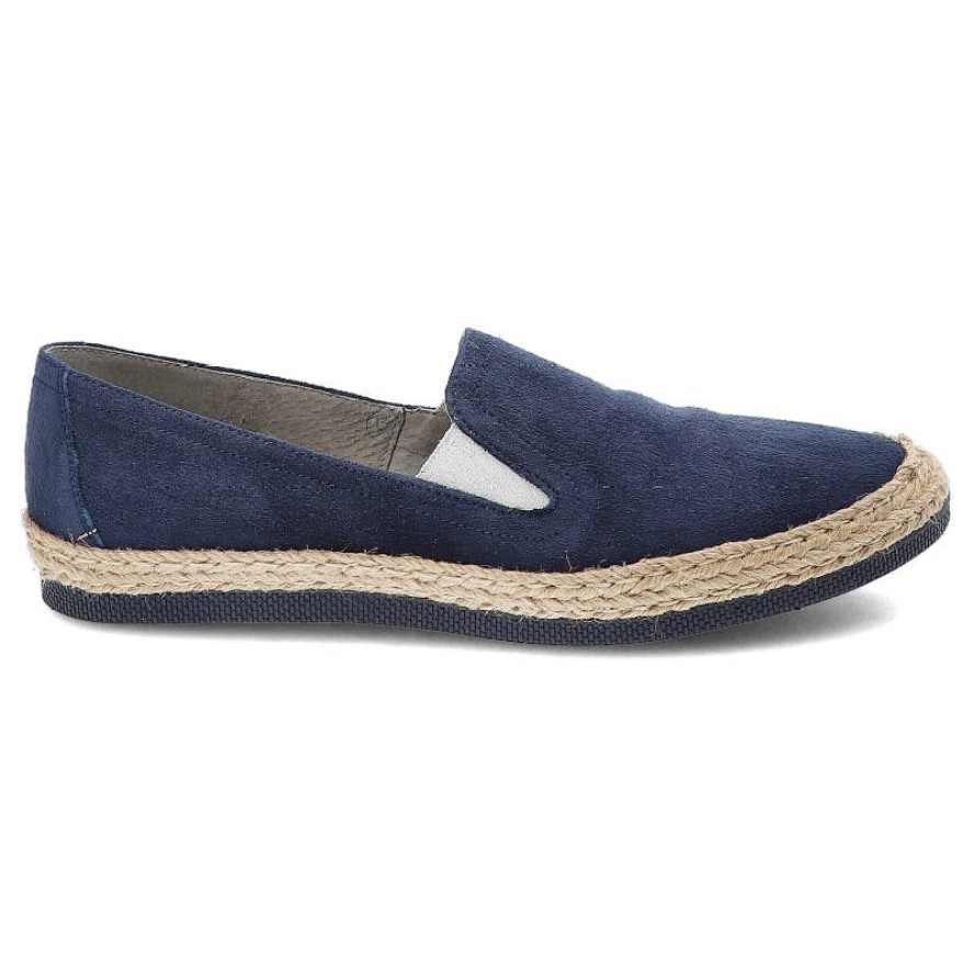 Espadryle damskie Maciejka, skóra zamszowa z gumkami i płaską podeszwą, granatowe, 02944A-17-00-5