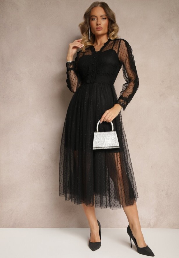 Czarna Rozkloszowana Sukienka Midi z Tiulu z Koronką Rislaine