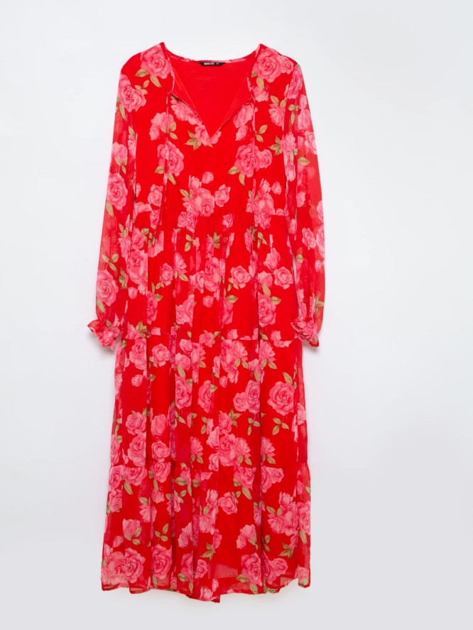 Sukienka damska midi z motywem kwiatowym czerwona Malini 603