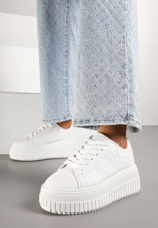 Białe Sneakersy na Grubej Podeszwie z Perforacją Eleadrelle