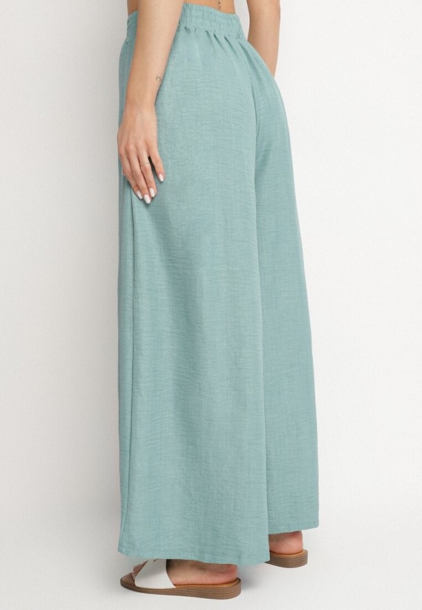 Miętowe Spodnie o Szerokim Kroju z Wysokim Stanem i Wiązaniem Telarieta