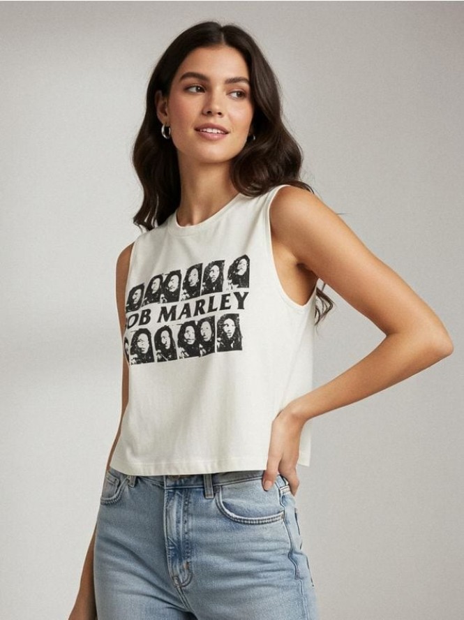 Bawełniany crop top bez rękawów z nadrukiem Bob Marley - kremowy