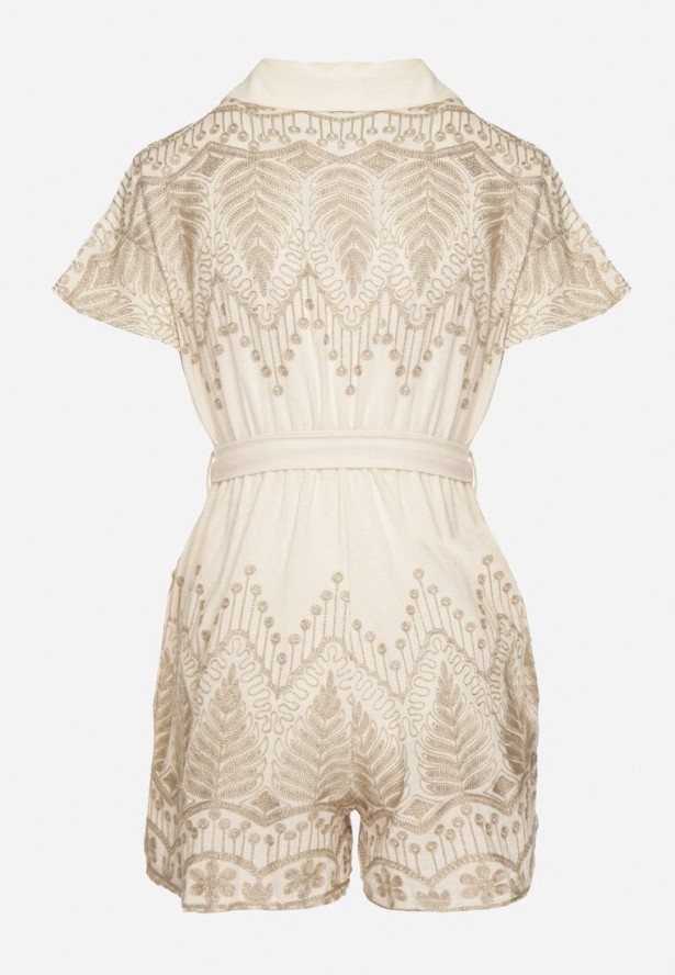 Beżowy Bawełniany Kombinezon z Haftem z Kołnierzykiem i Wiązanym Paskiem Ulisana