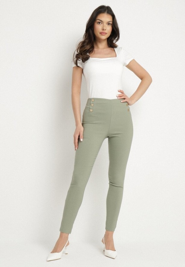 Zielone Dopasowane Spodnie z Bawełną Wysokim Stanem i Guzikami Arrioliana