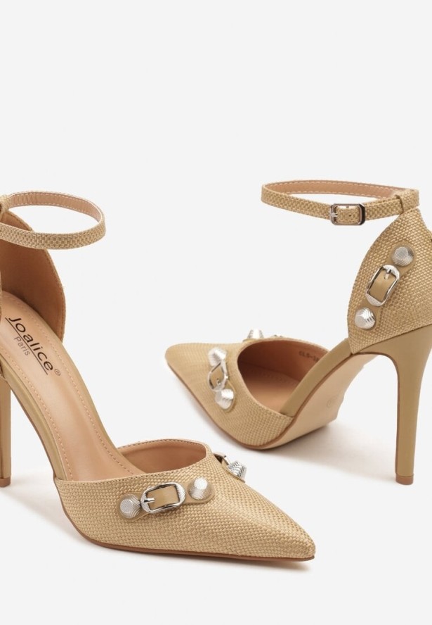 Beżowe Szpilki z Plecionką i Metalicznymi Klamrami Ellirna