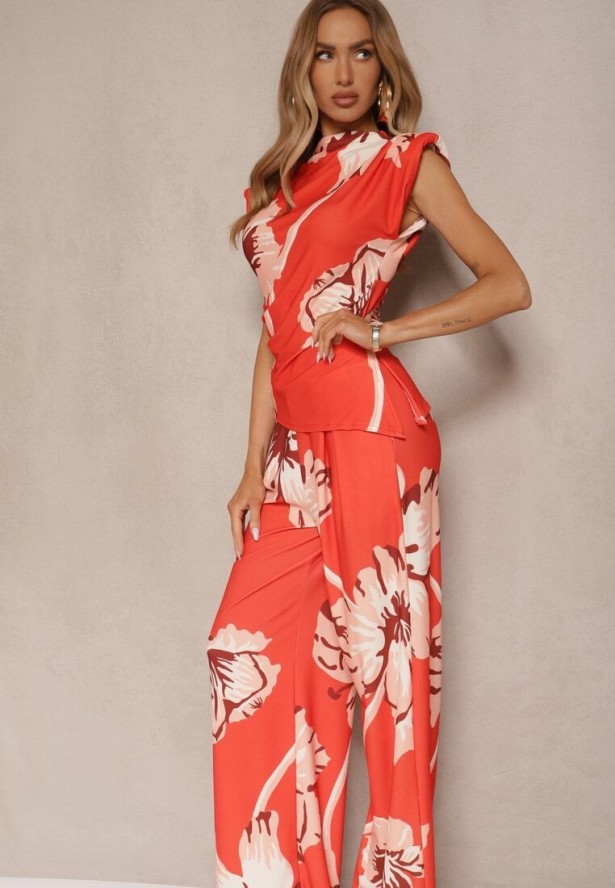 Pomarańczowy Komplet Marszczona Bluzka o Asymetrycznym Kroju i Szerokie Spodnie w Kwiaty Linidia