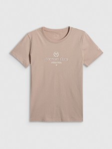 4F T-shirt regular z nadrukiem damski - beżowy L