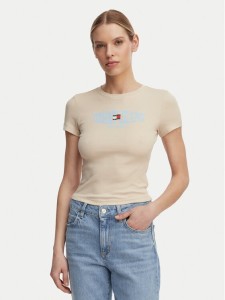 Tommy Jeans T-Shirt Wavy Flag DW0DW22272 Beżowy jasny Slim Fit