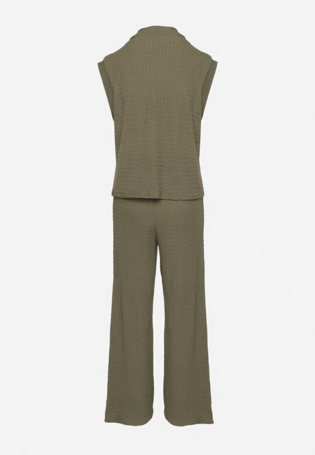 Ciemnozielony Komplet Bluzka Bez Rękawów Zdobiona Broszkami i Szerokie Spodnie Sadaniae