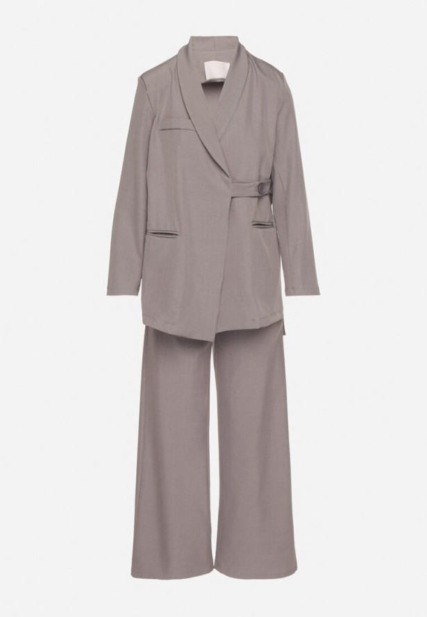 Szary Garnitur Marynarka o Asymetrycznym Kroju i Szerokie Spodnie Purria