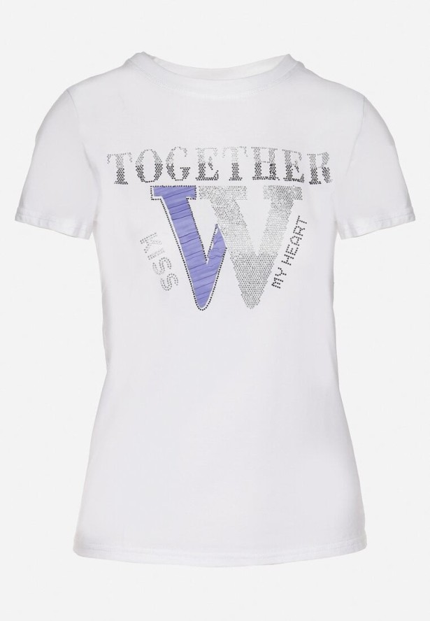 Biały T-shirt z Bawełny Ozdobiony Napisem i Cyrkoniami Raltebis