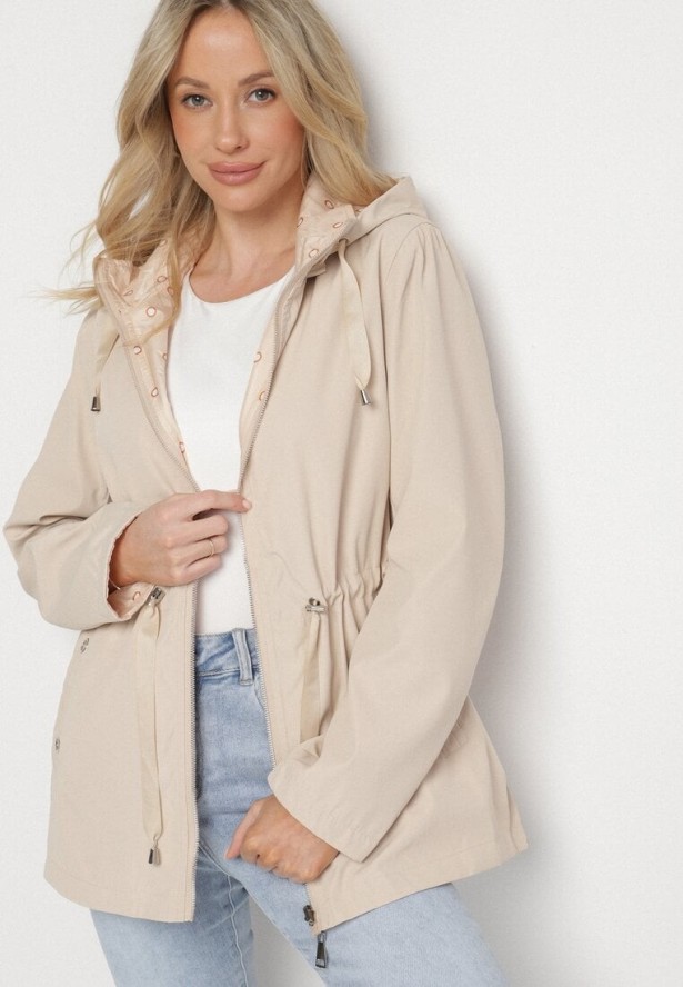 Jasnobeżowa Kurtka Parka Dwustronna ze Ściągaczem w Talii i Kapturem Tillisaya