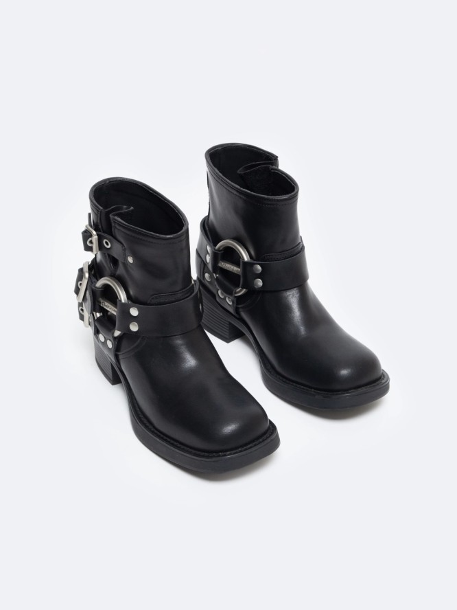 Botki damskie ze skóry naturalnej z ozdobnymi sprzączkami czarne OO274A190 906