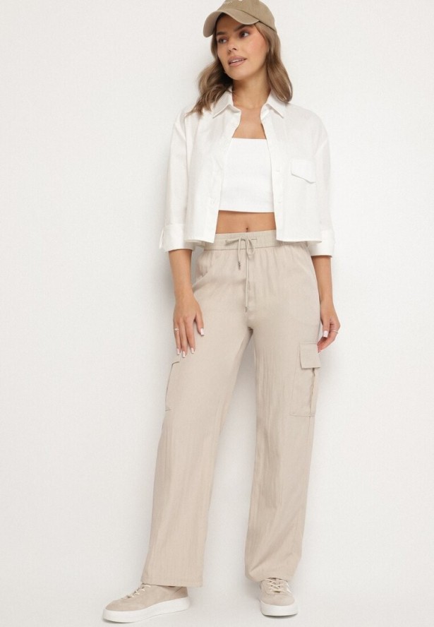 Jasnobeżowe Szerokie Spodnie Cargo z Bawełną i Wysokim Stanem Maillira
