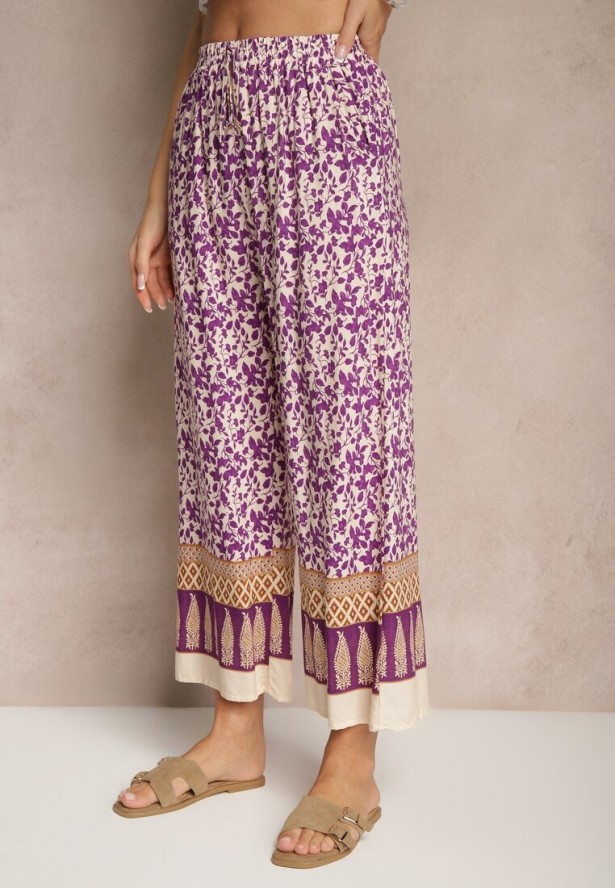 Fioletowe Spodnie z Bawełny High Waist z Abstrakcyjnym Wzorem Lisathiela