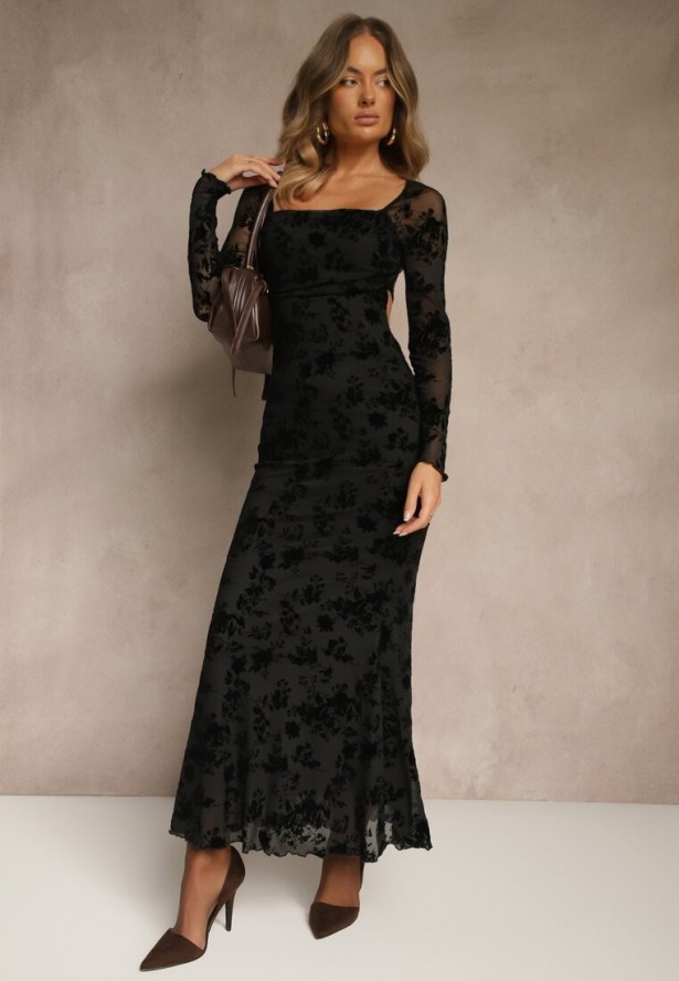 Czarna Sukienka VICES Bodycon z Siateczki Ozdobionej Wzorem w Kwiaty Rivita