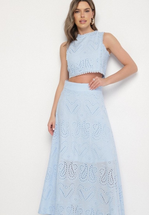 Niebieski Komplet z Ażurowej Tkaniny Zdobionej Haftem Top i Spódnica Saleria