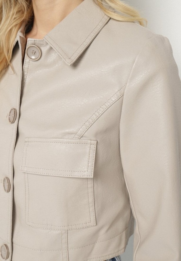 Beżowa Krótka Kurtka z Imitacji Skóry o Koszulowym Kroju z Kieszeniami Sesonia