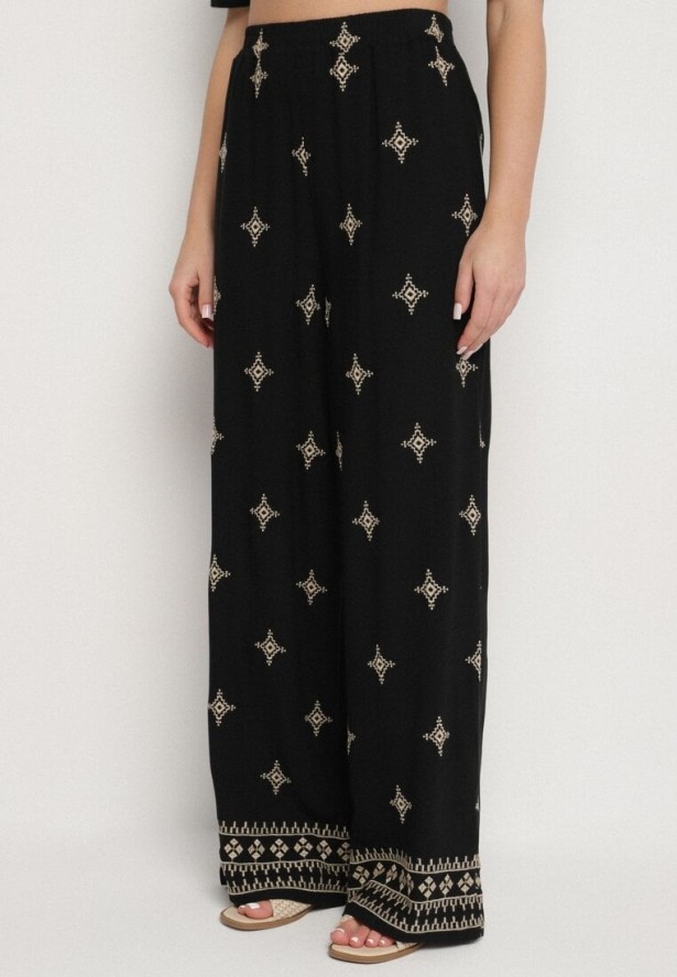 Czarny Komplet z Wiskozy Zdobiony Haftem Koszula i Spodnie Oversize Iffiselle