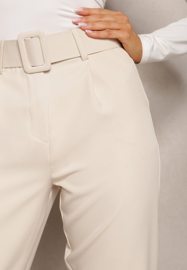 Beżowe Spodnie Garniturowe High Waist z Paskiem Wenus