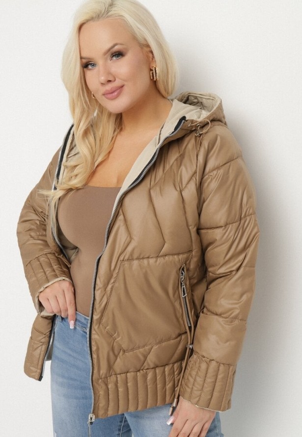 Ciemnobeżowa Kurtka Dwustronna z Kapturem i Ozdobnym Pikowaniem Helritis