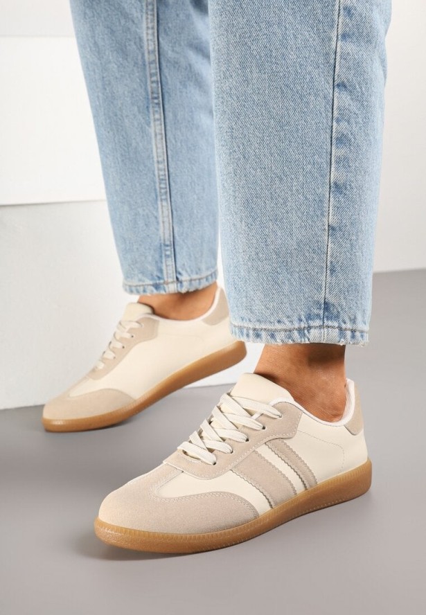 Beżowo-Białe Sneakersy Tenisówki z Ozdobnymi Paskami Danavin